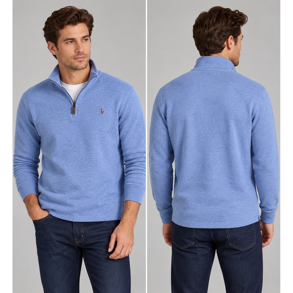 Polo Ralph Lauren Men Large Light Blue Estate Rib Quarter Zip Pullover Sweater
